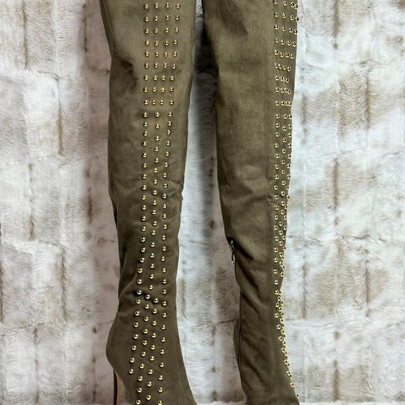 So Me Olive Army Green Gold Stud Thigh High Heel Boots - Picture 2 of 7